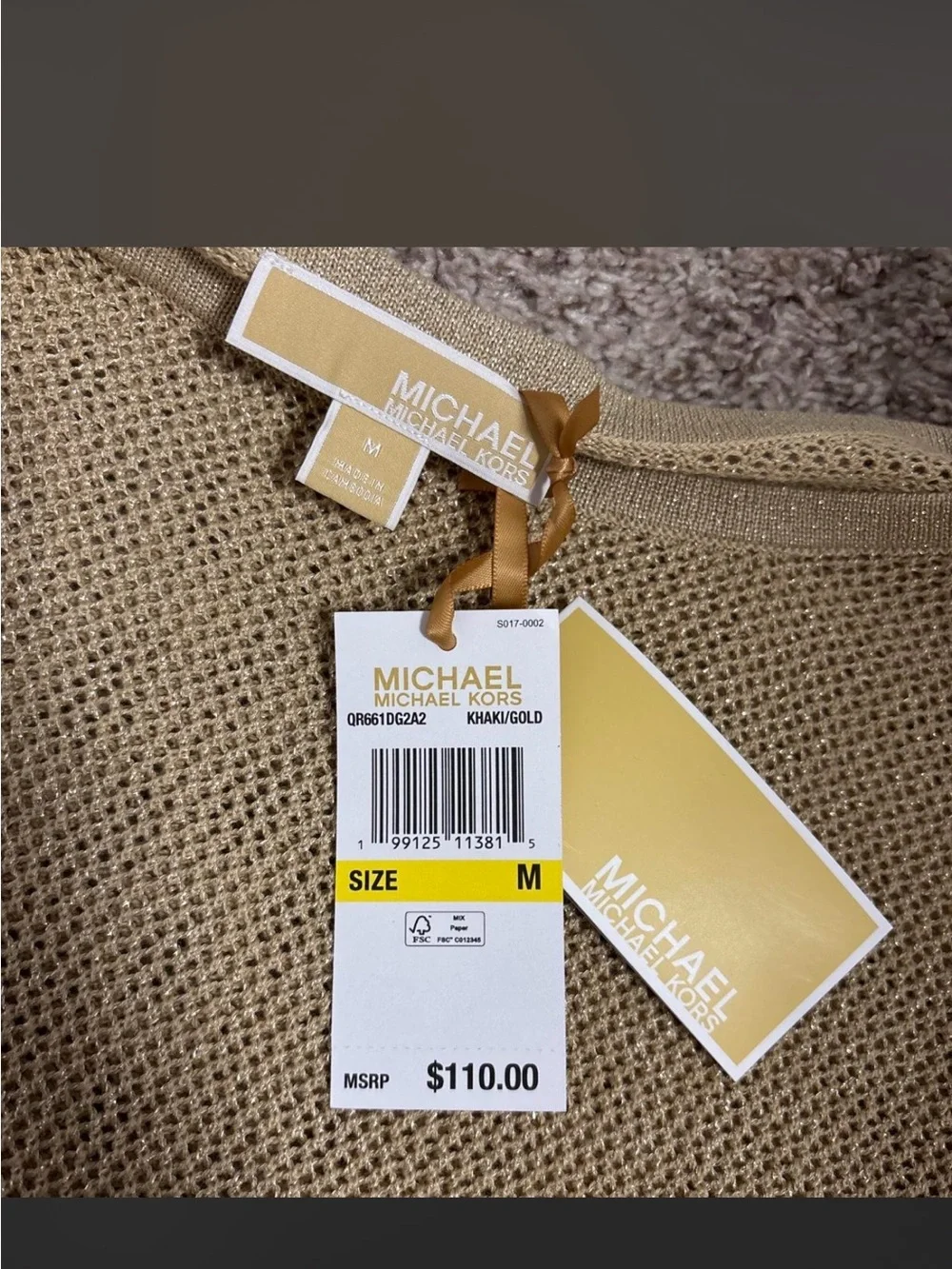 Michael Kors Khaki/Gold Open-Weave Knit Top